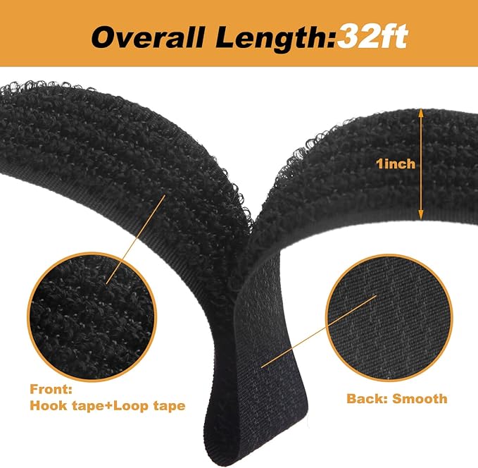32Ft x 1In Adjustable Cable Straps with Buckles, Free Cut Length, Black Reusable Fastening Cable Ties, Hook and Loop Securing Strap for Cable Tidy, Wire Management, Cord Organiser