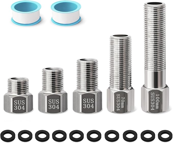 5-Pack Stainless Steel Extension Pipe Fitting, Josaton 1/2" Female to 1/2" Male Pipe Extension Fittings Connector for Tub Spout/Shower, Hex Bushing Converter Adapter, 30MM/40MM/50MM/70MM/100MM Length