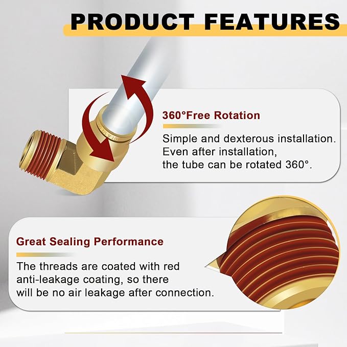 Siptenk 1/2" Elbow DOT Brass Push to Connect Air Line Fittings 5 PCS, 1/2" OD Tube x 3/8" NPT Thread Air Brake Line Quick Connect Fittings for Truck Trailers Industry Air System