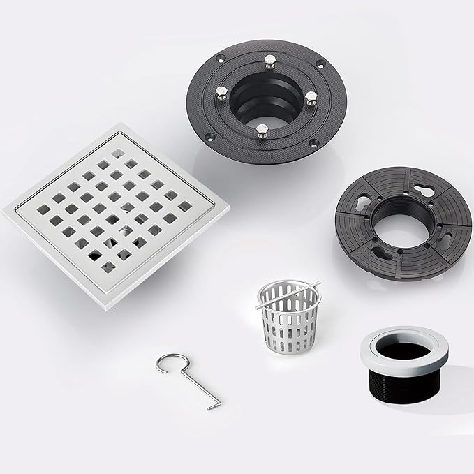 4 Inch Square Shower Floor Drain, Shower Drain Kit with Flange, Square Shower Drain, SUS 304 Stainless Steel Floor Drain,Silver
