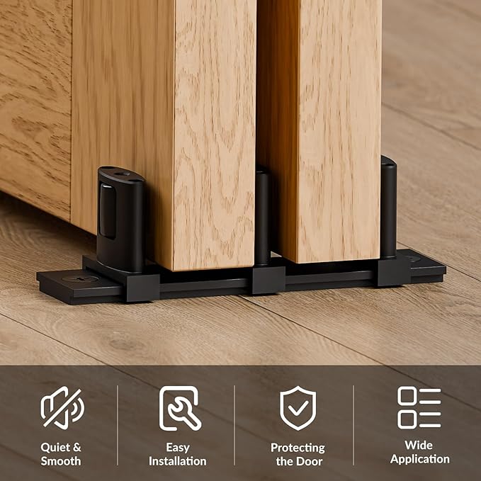 Siding Closet Door Floor Guide,Update Adjustable 3-Roller Design for Bypass Doors Floor Guide,Sliding Door Bottom Guides,Easy Install, Black