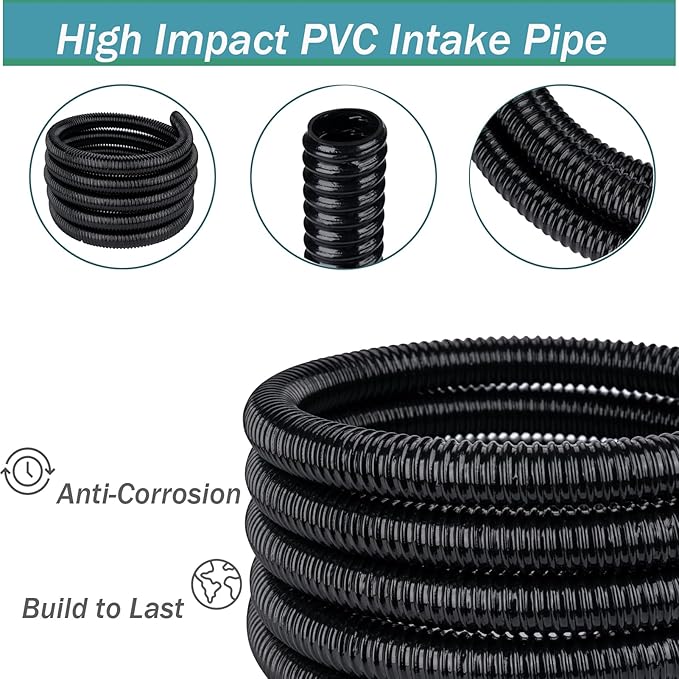 Pond Tubing 3/4' 20ft - Black Corrugated Flexible PVC Hose, Kinkproof & Strong for Garden Ponds, Waterfall Sump Pump