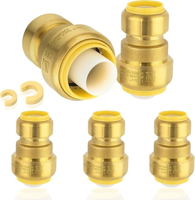 5-Pack HeSun Pushfit Coupling, 1"x3/4" Push to Connect Plumbing Fittings with Disconnect Clip, Brass Push-fit Fittings for PEX, Copper, CPVC, PE-RT Pipes(PF144-5)