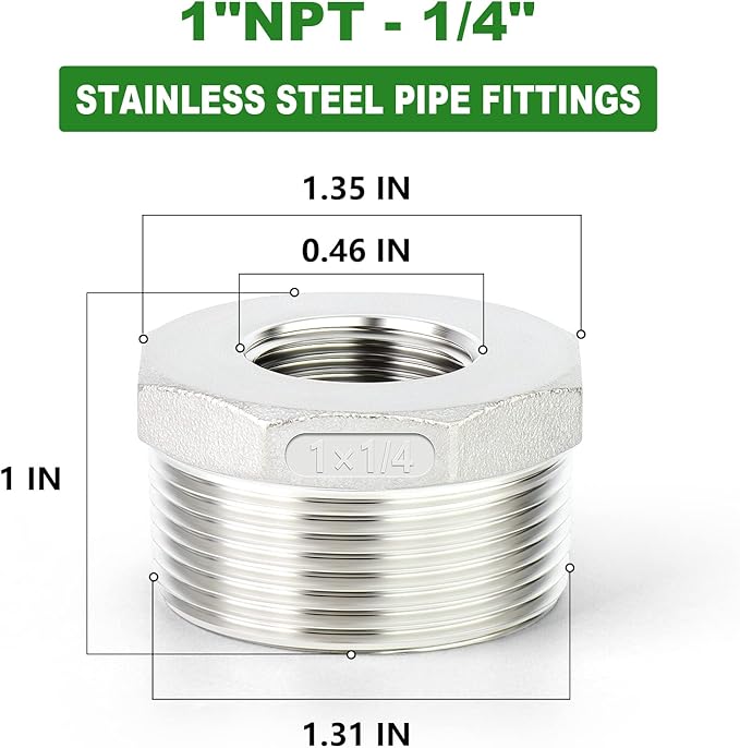 TAISHER 5PCS 304 Stainless Steel Reducer Hex Bushing, 1" NPT Male x 1/4" NPT Female, Reducing Pipe Adapter Fitting