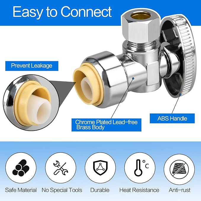 20pcs Stop Valves, 1/2" × 3/8" Angle Stop Valve, 1/2" PTC Input, 3/8" OD Compression Output, Push to Connect, 1/4 Turn, Chrome Plated Brass for Faucet, Toilet Valves, No Lead