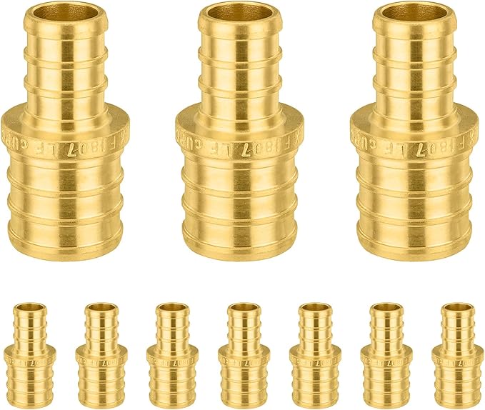 10-Pack Foskan 1/2" x 3/4" PEX Straight Reducing Coupling,Brass Crimp Fittings for PEX Tubing Pipe