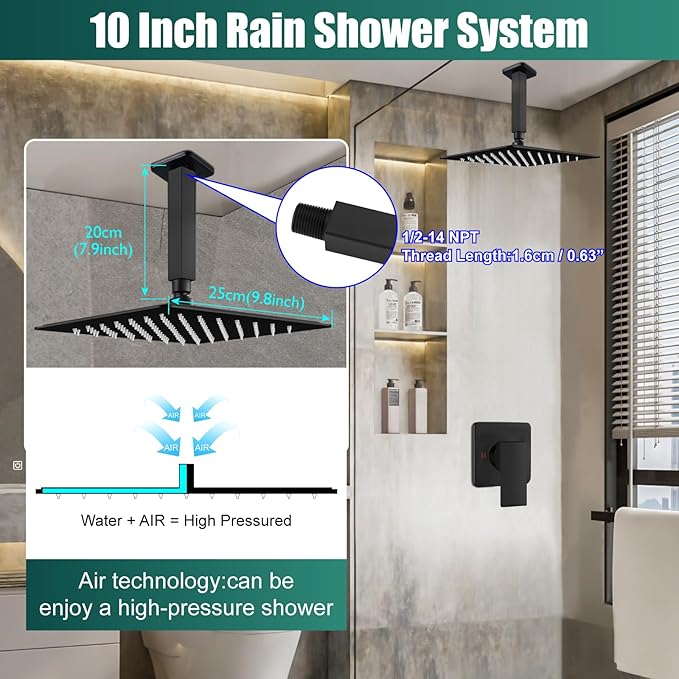 Heyalan Shower Faucet Set Square Stainless Steel Bathroom Rainfall Shower System One Handle Single Function Shower Trim Kit with Rough-in Valve Male Thread,Ceiling Mount,10 Inch,Matte Black