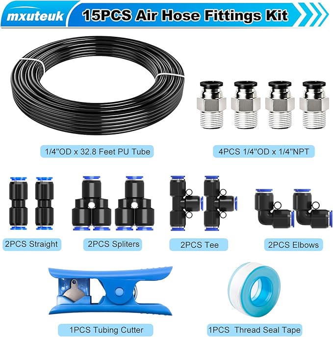 mxuteuk 1/4" Air Line Tubing Kit,1/4" Air Hose Kit,1/4 Inch(6.35mm) OD x 32.8 Feet PU Tube with Push to Connect Fittings(15PCS)