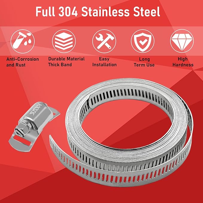 Hose Clamps Assortment Kit, CUKAYO 304 Stainless Steel DIY 9.8 FT Metal Strap+6 Stronger Fasteners, Large Adjustable Worm Gear Band Hose Clamps Screw Clamps Duct Pipe Metal Clamp Strapping