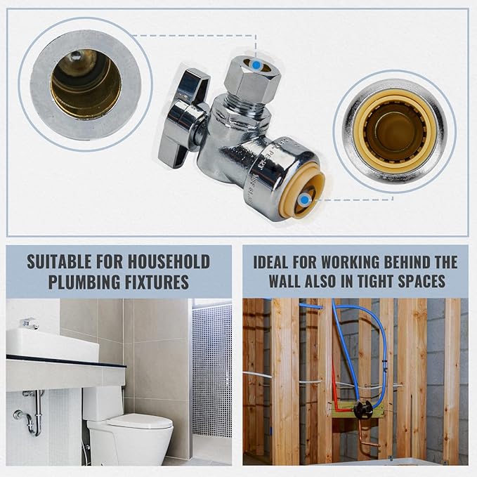 SUNGATOR 2-Pack Angle Stop Valve, Angle Water Shut Off Valve 1/2 x 1/4 Inch Compression, Toilet Water Shutoff, 1/4 Turn, No Lead Brass Push to Connect Plumbing Fitting, Pushfit, PEX Pipe, Copper, CPVC