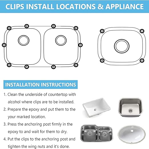 Enhon Sink Clips Kit 12 Pack, Undermount Sink Clips, Sink Mounting Kit Bracket, Installation Repair Hardware Clips Fastener Support for Kitchen or Bathroom Sinks