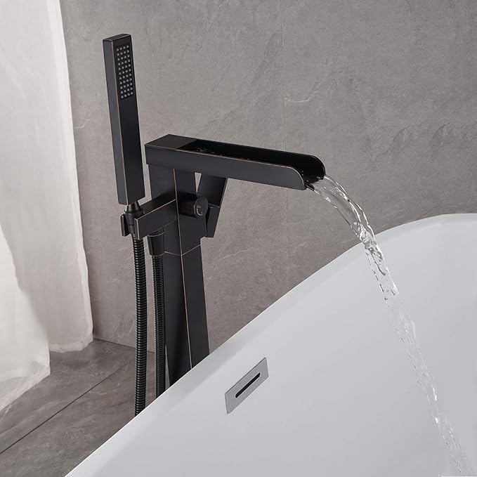 Freestanding Bathtub Faucet Tub Filler Waterfall Single Handle Oil Rubbed Bronze Floor Mounted Faucets with Handheld Shower