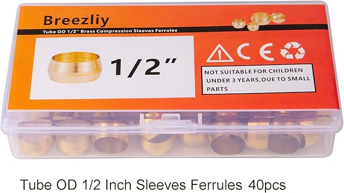 40PCS Tube OD 1/2" Brass Compression Sleeves Ferrules,Brass Compression Fitting Assortment Kit