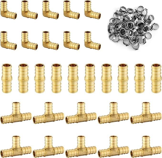 100 Pack Foskan 1/2 Inch PEX Brass Fittings Set, 10 PCS Each Elbows Tees Straight Couplings,With 70 PCS Clamp rings,PEX Crimp Barb Fitting Kit