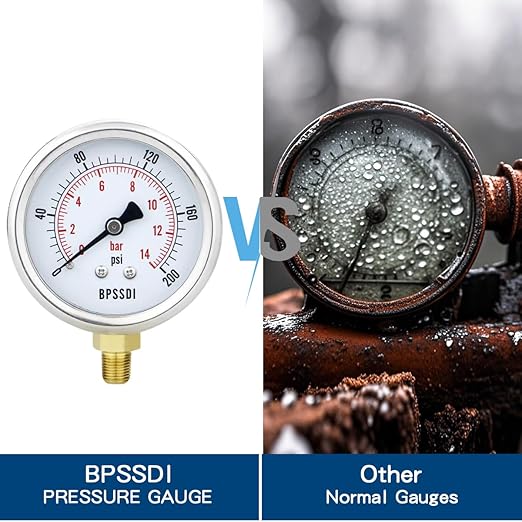 0-200 Psi Pressure Gauge, 2.5" Dial Size, 1/8" NPT Lower Mount, 304 Stainless Steel Case, Water Pressure Gauge Test for Pool Pump, Sand Filter, Air Compressor, Espresso(with Tape)
