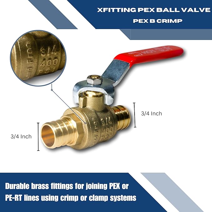 XFITTING 4 Pieces 3/4" Pex Ball Valve Hot/Red, 24-2-3=4X