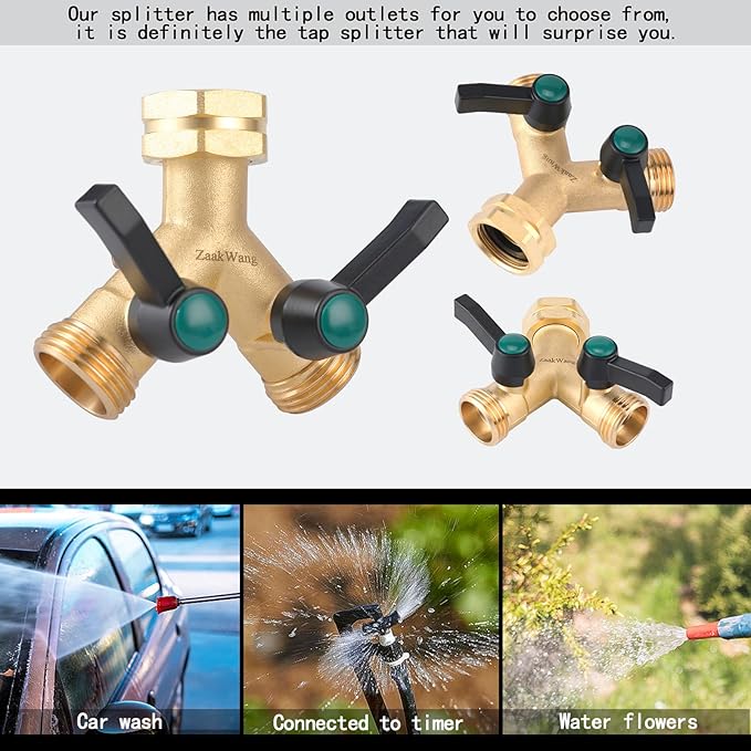 Heavy Duty Solid Brass Y-Way Distributor, 3/4" GHT Thickened Hexagonal Water Inlet, Garden Faucet Splitter, Hose Splitter with 2 More Colors Comfortable Extension Handles.