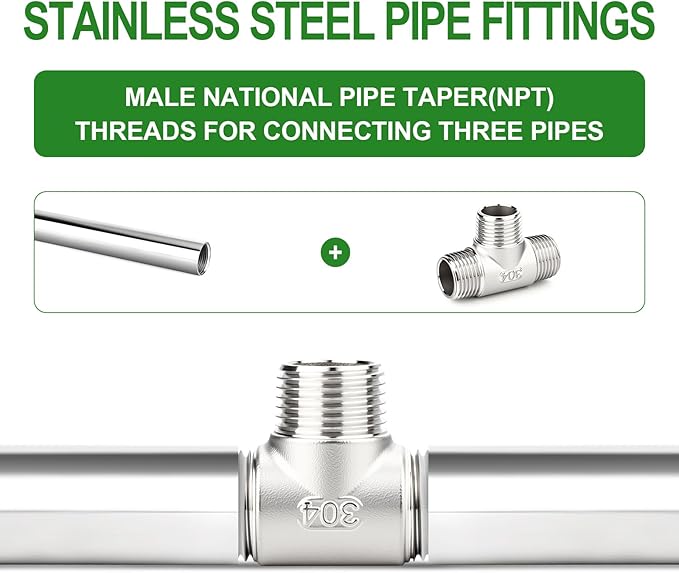 TAISHER 2PCS 304 Stainless Steel Tee Pipe Fittings, 3/8" x 3/8" x 3/8" NPT Male Pipe Fittings