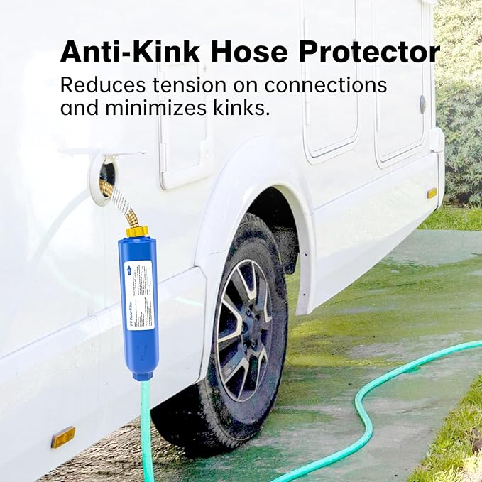 RV Inline Water Filter with 2 Flexible Hose Protector, NSF Certified, Reduces Odors, Chlorine, Bad Taste, Water Filter for Boat, RV, Marine Use, Garden, 2 Pack