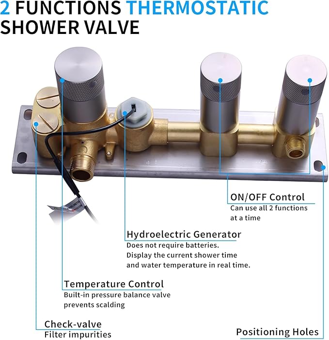 2 Way Shower Diverter Valve Brass 2 Functions Digital Temperature Display Thermostatic Shower Mixing Kit 3 Handle Flow Cotrol Valve, Can Run Simultaneously (Brushed Nickel)