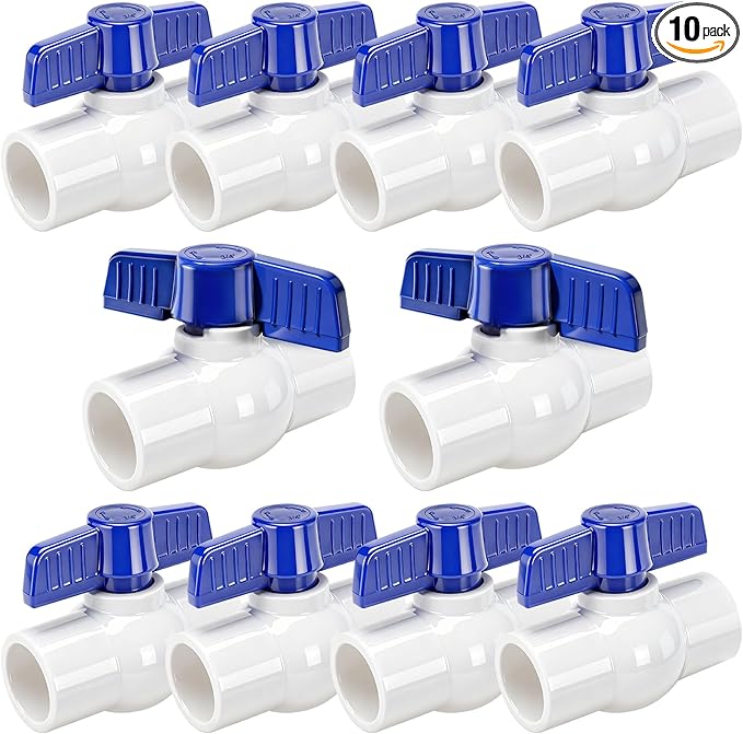 10 Pack 3/4'' PVC Ball Valve Slip, PVC Water Pipe Shut Off Valves 3/4inch with Double Socket Full Flow Port, T Handle SCH40 Plastic Control Valve for Swimming Pool, Irrigation, Sewage Pipes
