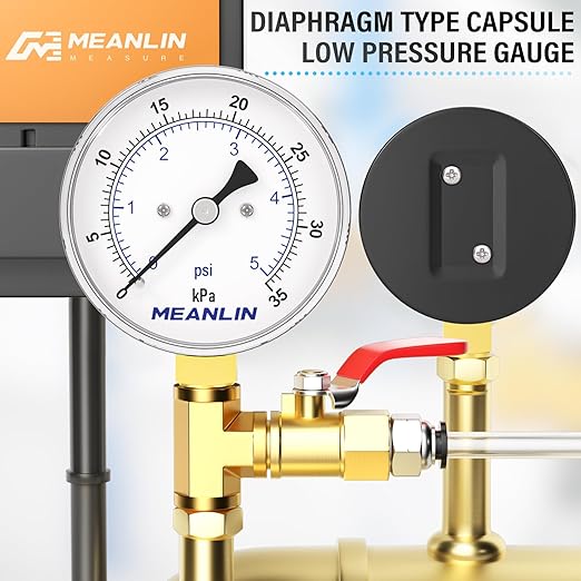 MEANLIN MEASURE 0-5Psi Diaphragm Type Capsule Low-Pressure Gauge, Water Column Gauge, 2.6" Dial, 1/4" NPT, Rear Adjustable Knob, with 1/2" NPT and 3/8" NPT Hex Bushing, Lower Mount