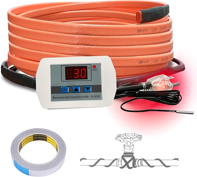 Cupohus Heat Tape for Water Pipes with Digital Display Thermostat 15FT, Freeze Protection Self-Regulating Heat Trace Cable for Metal, Plastic Home Pipes, Roof and RV, 110-120V