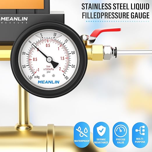 MEANLIN MEASURE -30inHG~30Psi Stainless Steel 1/4" NPT 2.5" FACE DIAL Vacuum Pressure Gauge, Center Back Mount (with Rubber Protective Sleeve), with 1/2" NPT and 3/8" NPT Hex Bushing