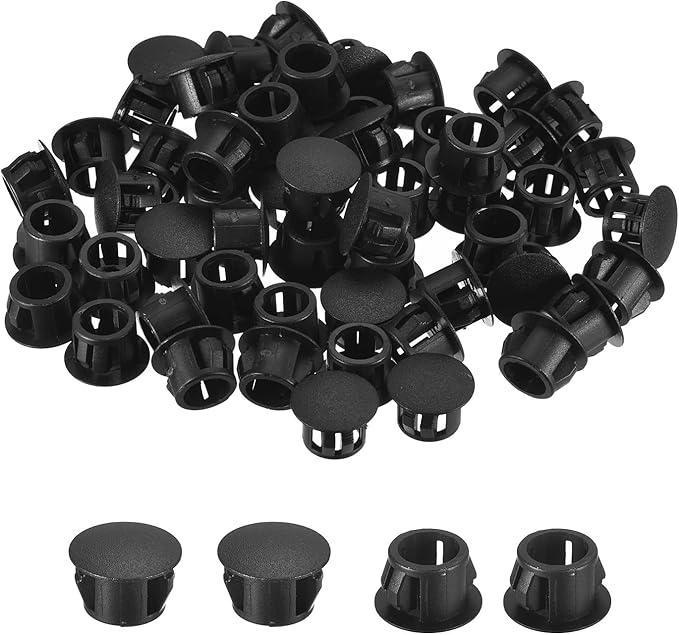 uxcell 15/32" Plastic Hole Plugs, 110Pcs Flush Type Panel Round Snap in Fastener Knockout Locking Plugs for Furniture Insert End Caps Panels, Black