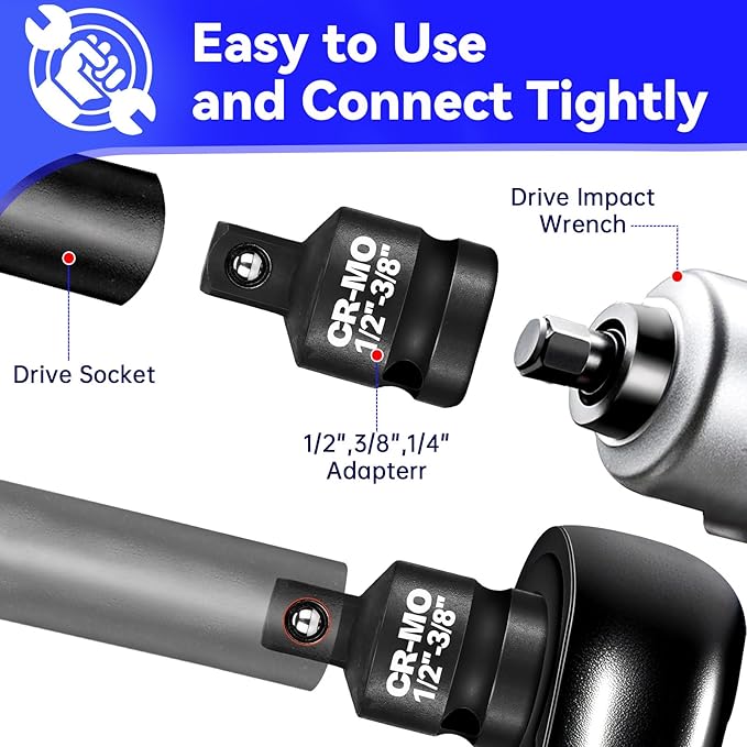 1/4" 3/8" 1/2" Impact Socket Adapter Reducer Set, 4 Pcs Chrome Molybdenum Steel Drive Conversion Adapters, for Sockets and Impact Wrench