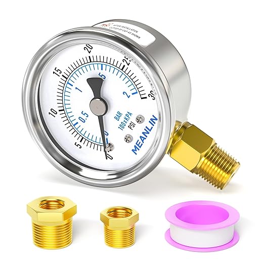 MEANLIN MEASURE 0~30Psi Dry Low Pressure Gauge Stainless Steel 1/4" NPT 2" FACE DIAL Waterproof for Pool Sand Filter Water Oil Air Pressure Test Lower Mount, with 1/2" NPT and 3/8" NPT Hex Bushing