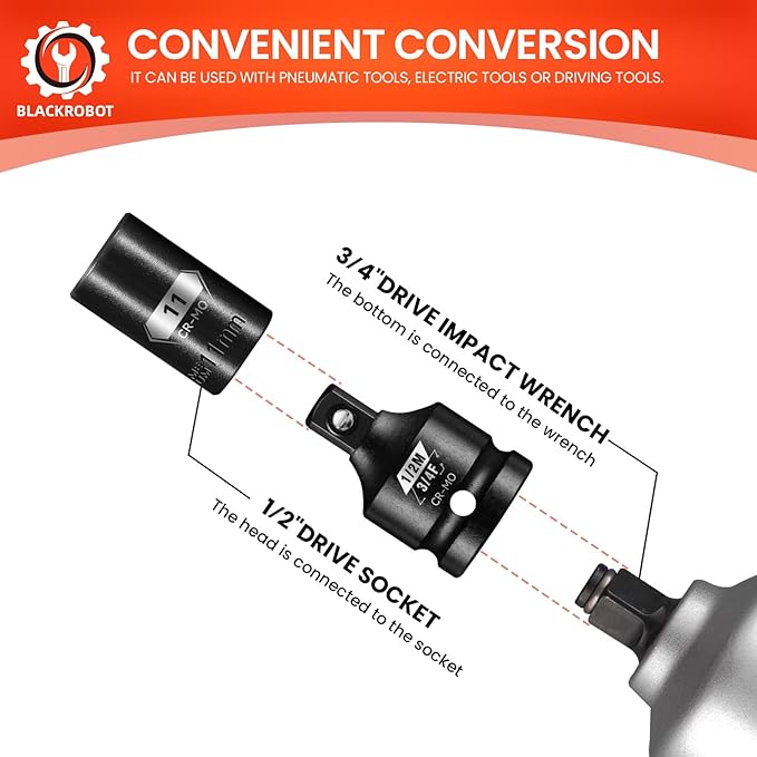 BLACKROBOT 2 Pieces 3/4” F To 1/2” M Impact Socket Adapter Set, SAE Drive Cr-Mo Steel Exceeds ANSI Standards, Square Drive Socket Reducer for Impact Driver Wrench