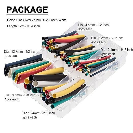 90 PCS Diameter 1/2 to 3/32 Inch 3:1 Colorful Heat Shrink Tubing Kit Dual-Wall Adhesive Lined Tube Assortment Kit Red Yellow Green Blue Black White