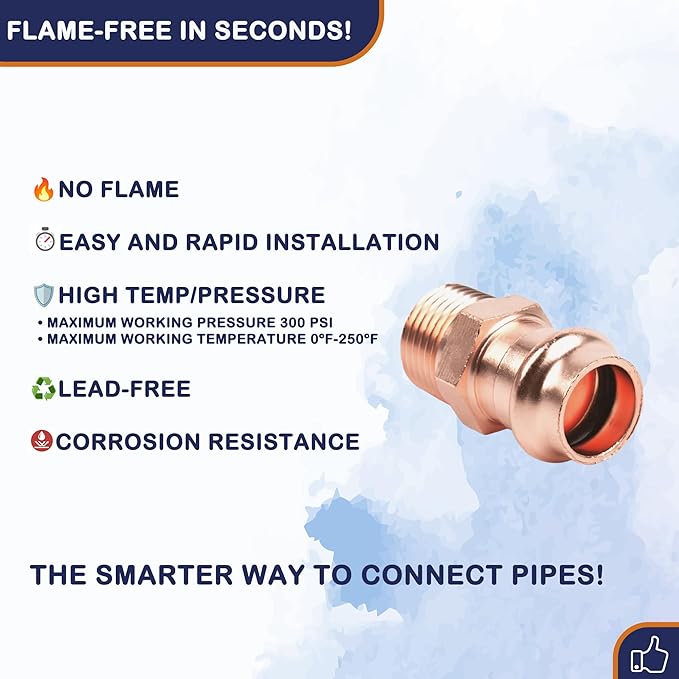 Copper Press Fittings 3/4 inch Male Adapter Pressure Copper Fitting P x Male NPT Connection for Residential, Commercial 10-Pack