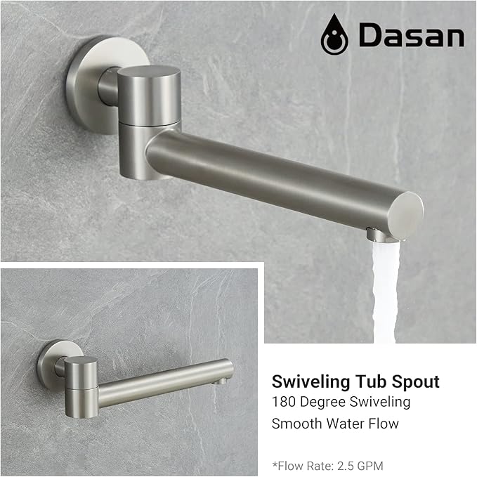 DASAN Tub Shower Faucets Sets Complete Bathtub Faucet Set Brushed Nickel Bathtub Shower System with Tub Spout, Bathroom Tub and Shower Faucet Combo Trim Kit with Rough-in Valve, DA-SS03BN-R10W