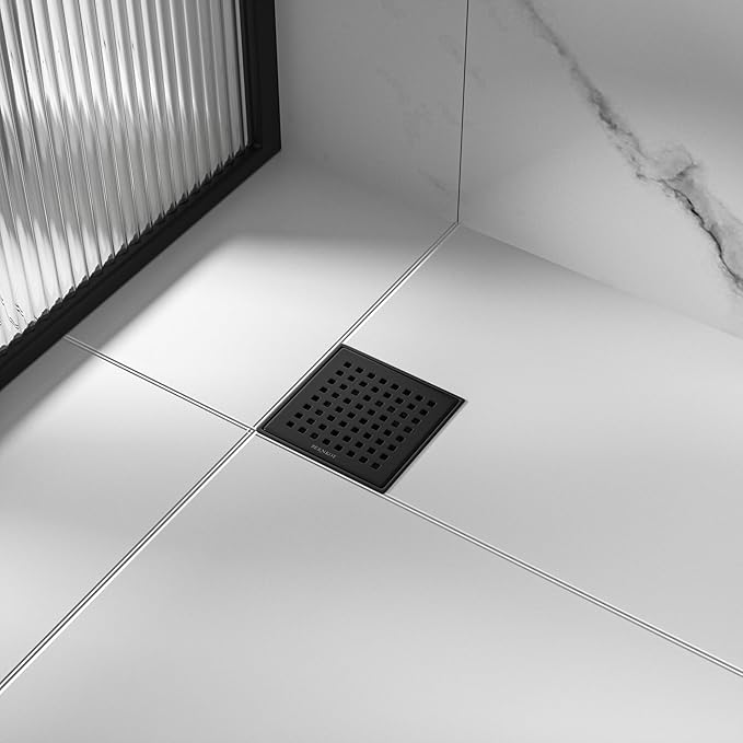 Square Shower Drain 4", 304 Stainless Steel Floor Drain w/Hair Strainer, Grid Shower Drain w/CUPC Certified (Matte Black, 4 Inch)