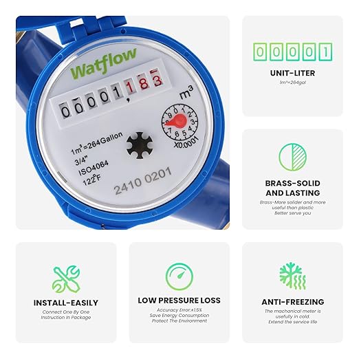 Watflow DN20 Water Meter 3/4" NPT, ISO4064 Certification Cubic Water Flow Meter, Cold Water Meter for Garden/Home/Apartment, Horizontal Install.