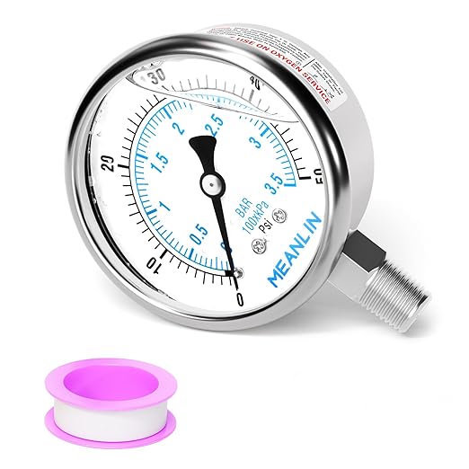 MEANLIN MEASURE 0~50Psi Liquid Filled Pressure Gauge Stainless Steel with 316 Stainless Steel Joint 1/4" NPT 2.5" FACE DIAL for Pool Sand Filter Water Oil Air Pressure Test Lower Mount