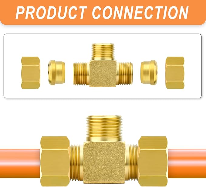 GASHER 2PCS Brass Compression Tube Pipe Fitting Connector, Tee，14mm x 14mm x 14mm Tube OD Connector