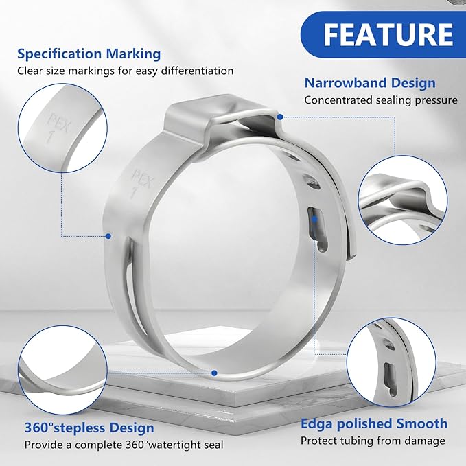 1 Inch PEX Clamps 70pcs Crimp Rings Single Ear Hose Clamps Stainless Steel Fittings Cinch Clamp Ring for Pipe Tubing