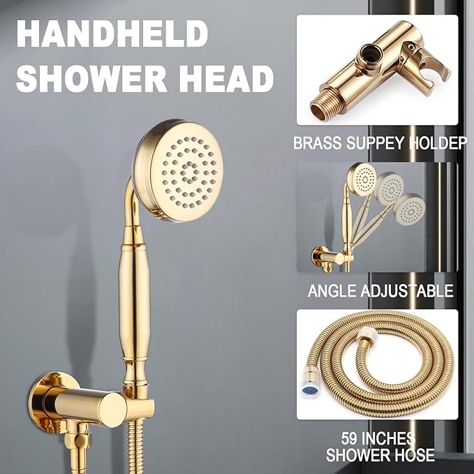 Enga Antique Shower Faucet Sets Dual Heads with 4 Body Jets, 8" + 6" Ceiling & Wall Mount Vintage Shower Head with Handheld Spray Combo, 4 Way Diverter Brass Valve, Bright Gold