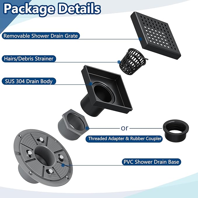Neodrain 4 Inch Black Square Drain, 304 Stainless Steel Shower Drain Kits with PVC Base, Removable Cover Hair Catcher Strainer for Bathroom Floor Drain, Matte Black