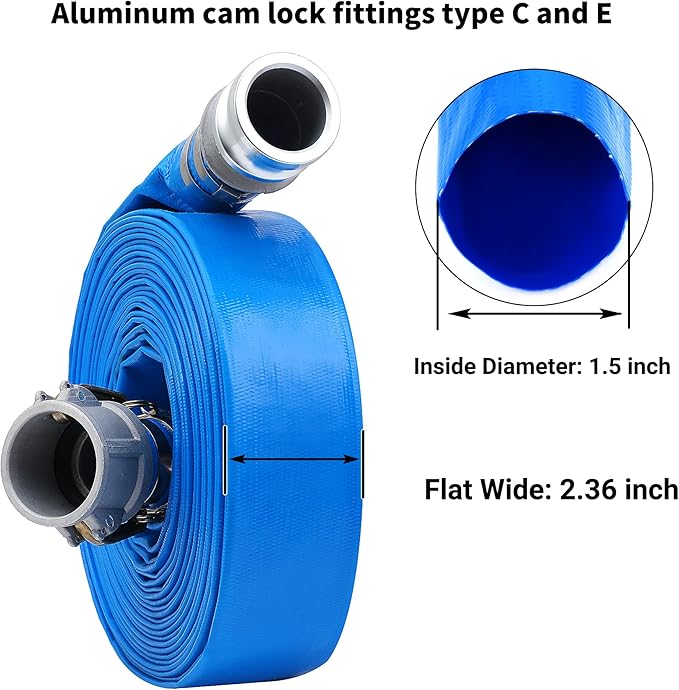 1-1/2" x 100ft PVC Lay Flat Discharge Hose With Aluminum Camlock C & E Fittings, Cam Lock Fitting, Heavy Duty Reinforced Pump Backwash Hose Assembly