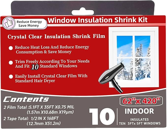 Insulating Film Window Kit to Keep Cold Out Window Shrink Film Insulator Kit (10 Windows)