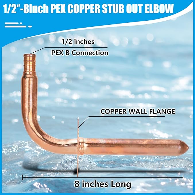 Pack of 10 Copper Stub Out Elbows with Wall Flange Stub Out 1/2’’-8inch Lengh- Easy to Install, Lead-Free-PEX-B,C Stub Out Accessories,Barb Crimp PEX-B Copper Stub Out Elbow with Wall Flange