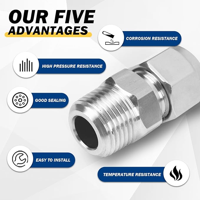 Yoebor Stainless Steel 304 Compression Tube Fitting Straight Adapter Connector with Double Ferrules 3/8" OD x 3/8" NPT Male, Pack of 2