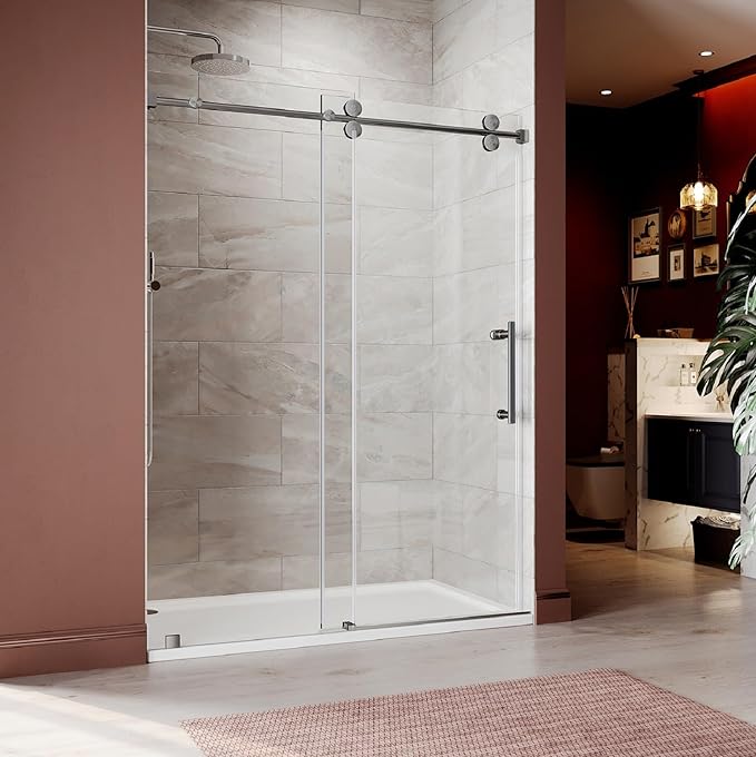 56-60 Inch x 84 Inch Sliding Frameless Shower Door, 3/8" Tempered Glass with Easy-Cleaning Coating, Stainless Steel Rollers & SGCC-Certified Stability, Space Gray