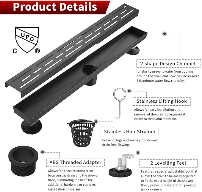 Sharp-tec Linear Shower Drain, 32 inch Shower Drain with Removable Pattern Cover, Matte Black 304 Stainless Steel Rectangle Floor Drain, Adjustable Feet and Hair Strainer Included (Model 101)