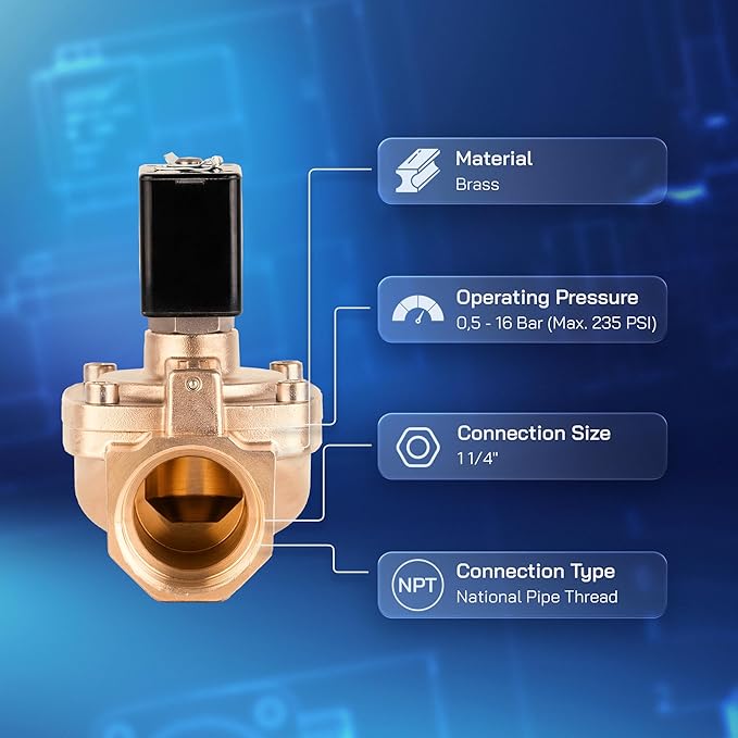 UNOX 1 1/4" NPT Solenoid Valve 110V AC, Brass Control Valve Normally Closed - 7-232 PSI Multi-Purpose Reliable Control Valve for Water, Air, and Gas - Solenoid Valves