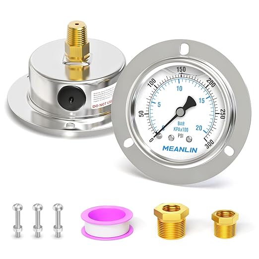 MEANLIN MEASURE 0~300Psi Liquid Filled Pressure Gauge Front Flange Panel Mount, 1/4" NPT 2.5" FACE DIAL Stainless Steel Case with Phillips Screw, Nut and Brass Hex Bushing, +/-3-2-3%